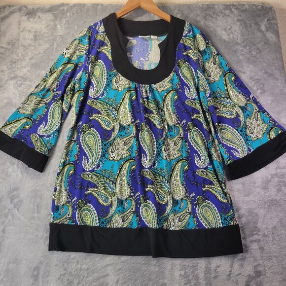 Cato Womens M Paisley Print Tunic Top Bell Sleeve Boho Retro Blue Green Black - Picture 1 of 8